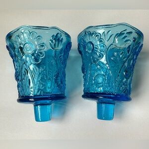Pair of Blue Floral Glass Votive Candle Holders